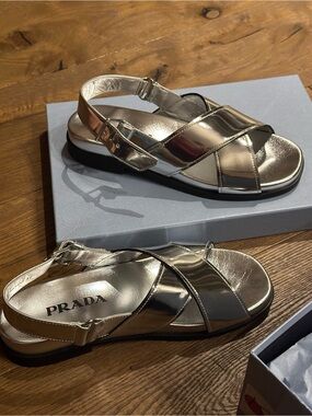 Prada Metallic Silver Crisscross Slingback Sandals